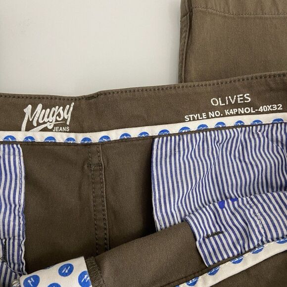 Mugsy Olives Chino Pants Mens 40/31 Green Stretch Slim Preppy School Casual Read - Picture 2 of 10